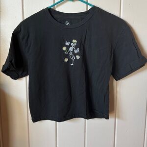 Black Graphic T-Shirt with Skeleton, Floral, and Butterfly Design